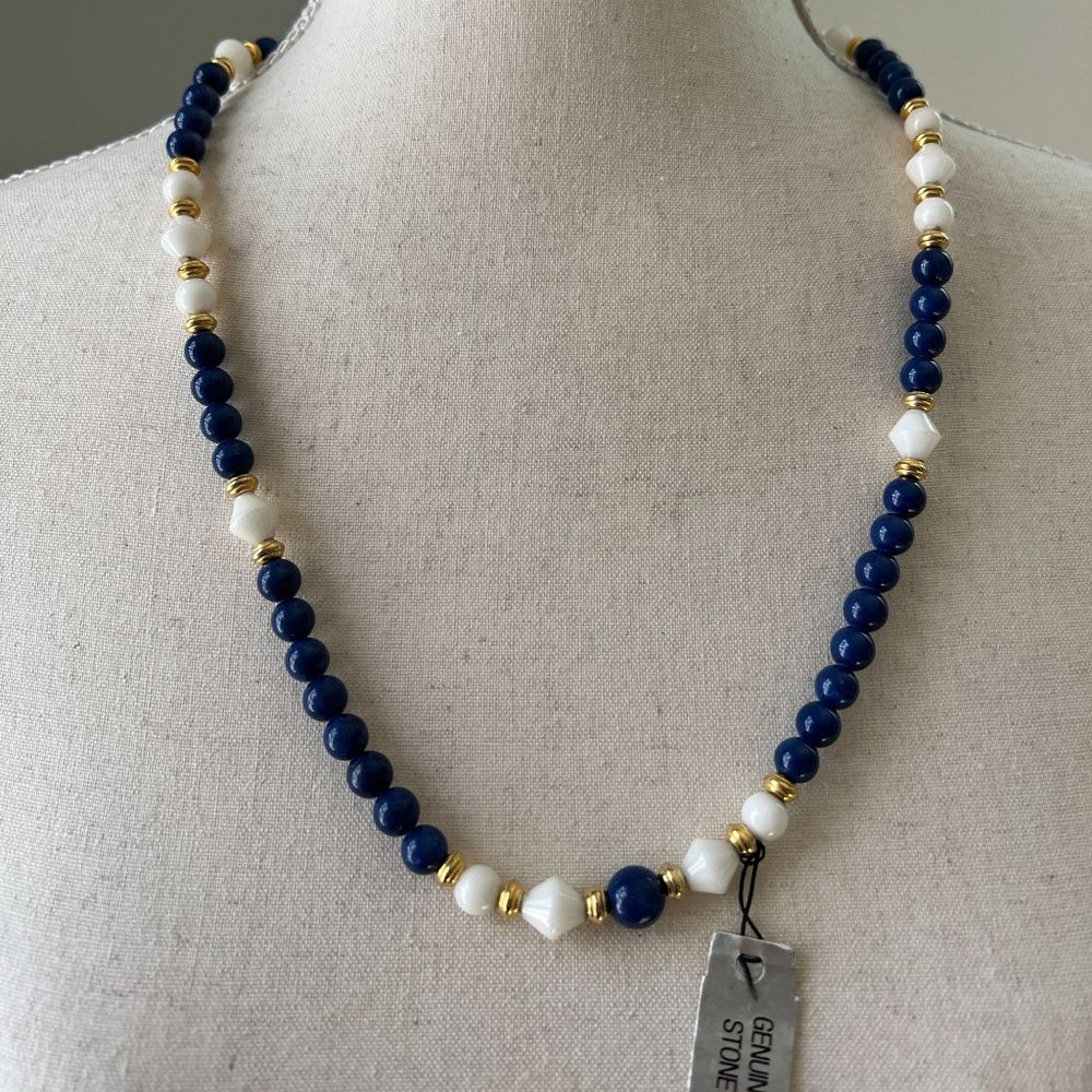 Vintage Mona So Beaded Blue Lapis White Marble Gold Tone Spacers 24" Necklace